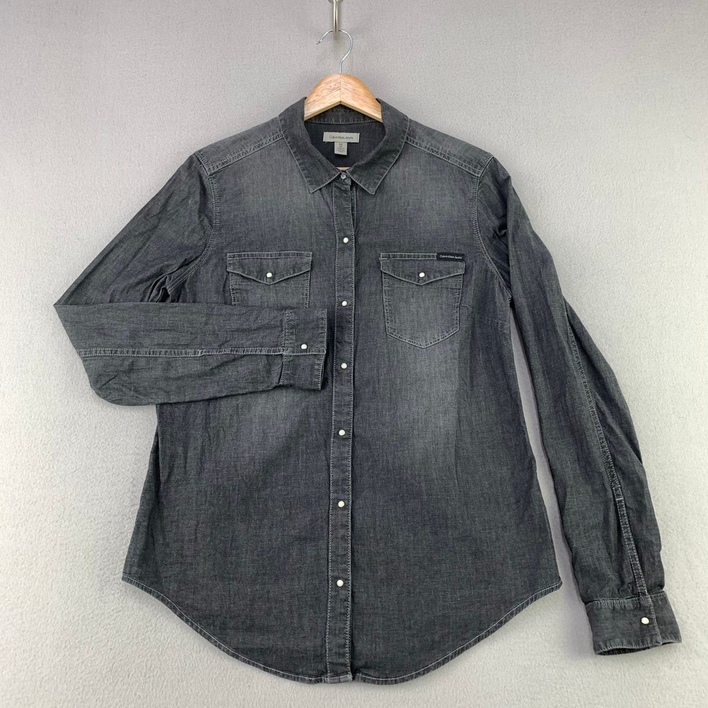 Calvin Klein Jeans Denim Button Down Shirt Women M Gray Western Pearl Snap